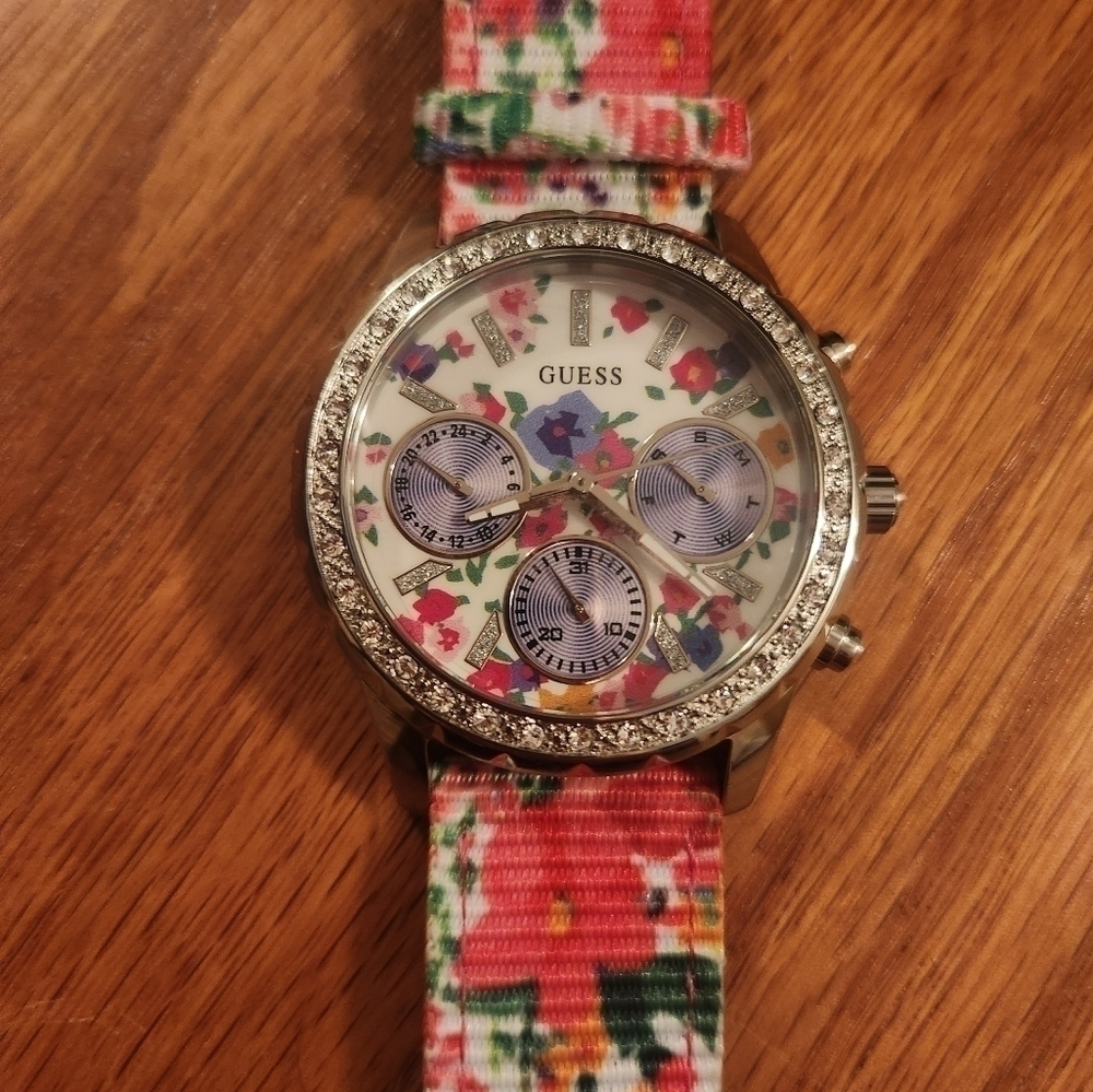 NWT Guess Pink Floral Silver Rhinestone Studded Watch